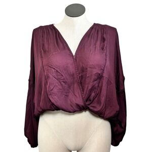 Womens Burgundy Long Sleeve Wrap Cropped V Neck Blouse Top M L